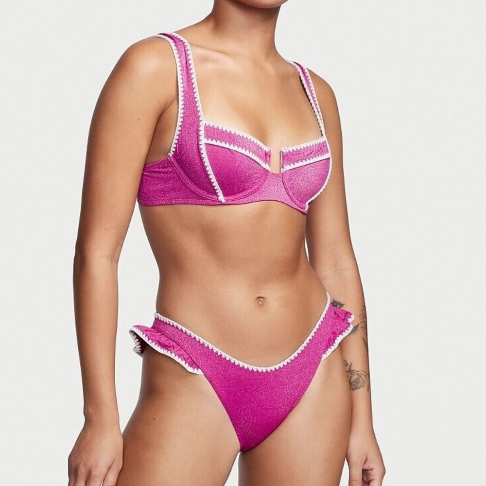 Victoria’s Secret Fuchsia Pink Sparkly Bikini Top with White Trim, 34C